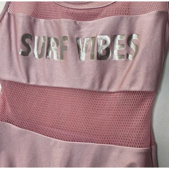 Forever 21 Plus One Piece Pink Good Vibes Mesh High Waisted Swimsuit Beach Sz 0X - Picture 3 of 6